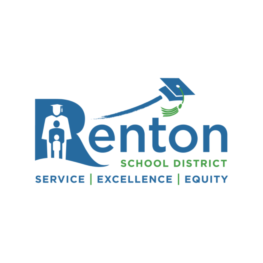 Logo of the Renton School District featuring a stylized figure of a person with a smaller figure inside, a graduation cap, and the words "Renton School District" with the values "Service, Excellence, Equity" underneath.