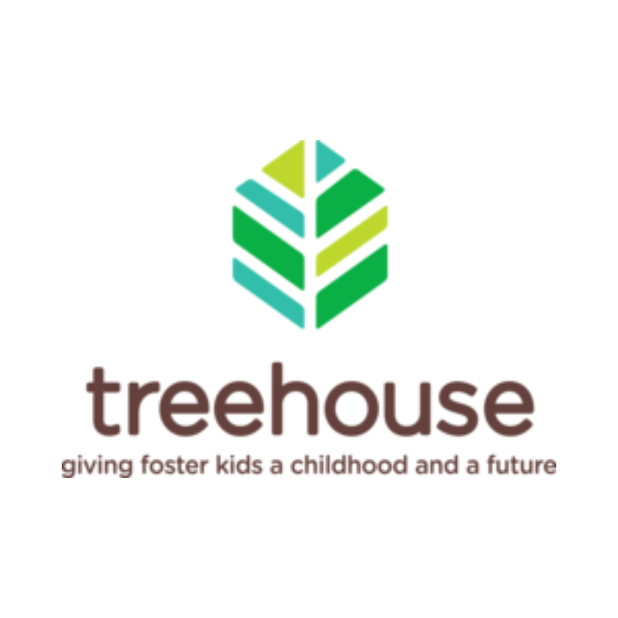 Logo for Treehouse, featuring a stylized green and blue leaf and the tagline "giving foster kids a childhood and a future."