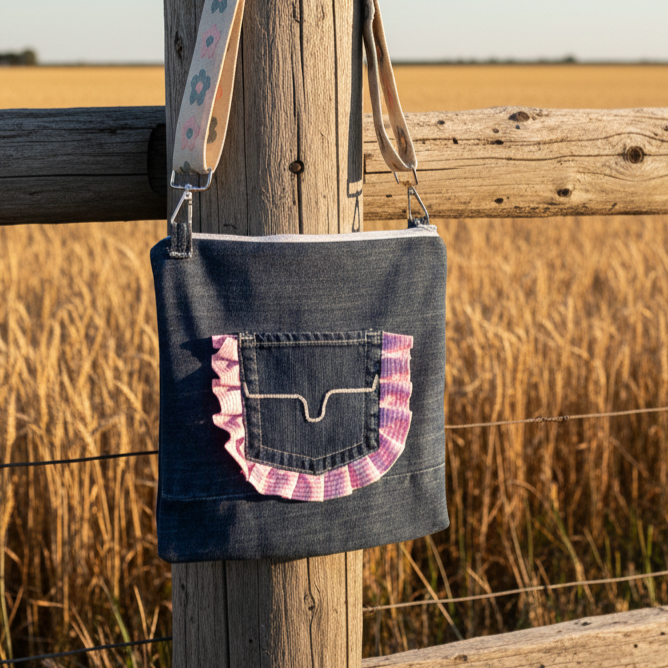 Denim handbag hanging from a wooden fence post in a field of tall, dried grass with a cloudy sky in the background.