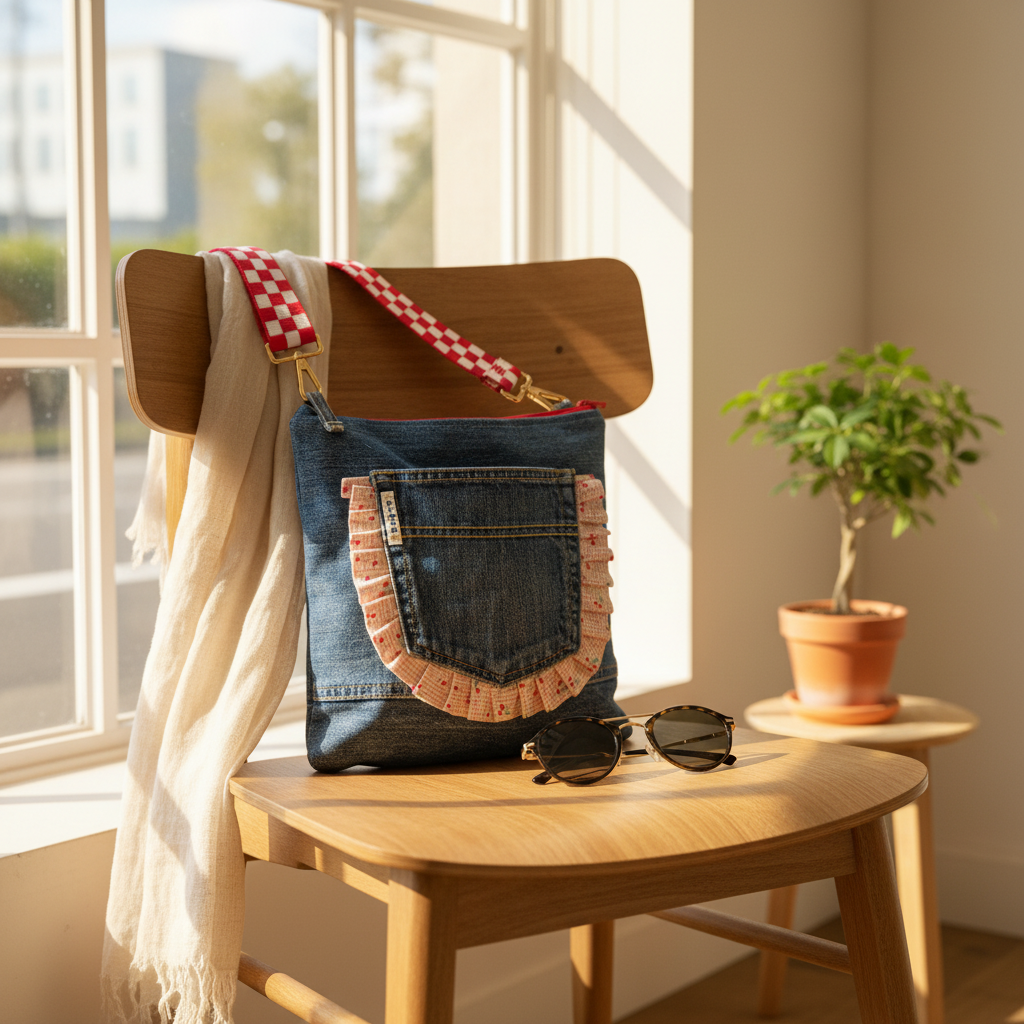 A denim bag with a ruffled pocket hangs on a wooden chair near a window. A beige scarf drapes over the chair, and sunglasses sit on the seat. A potted plant is in the background on a small table.