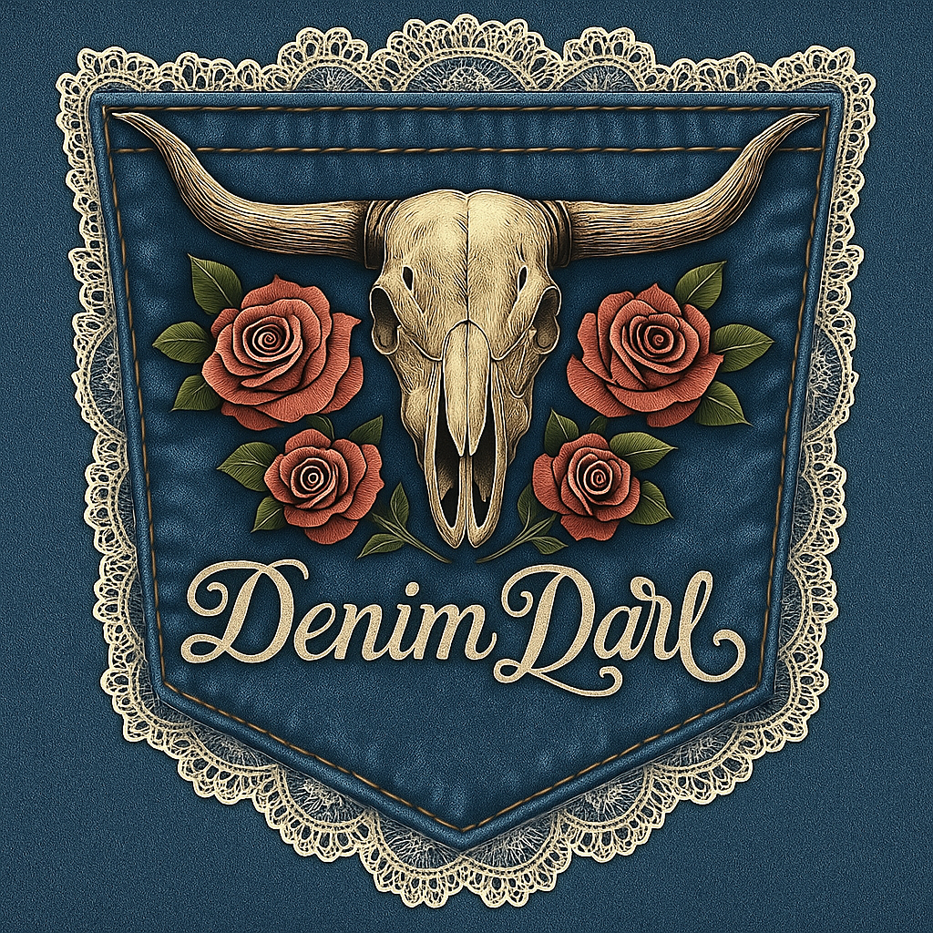 A denim jeans pocket with lace frill with a skull of a longhorn steer, surrounded by four roses and green leaves, with the words "Denim Darl" written below.
