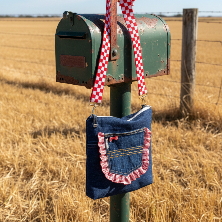A green mailbox with rust patches, hanging on a wooden post in a wheat field, with a denim purse with ruffled edges hanging from the mailbox.