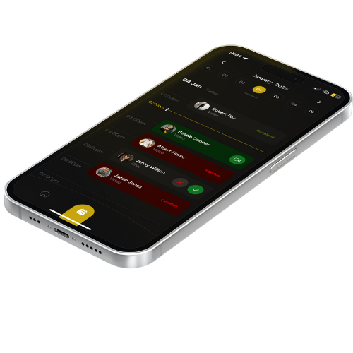 A smartphone displaying a calendar and task management app with scheduled events and a list of contacts.
