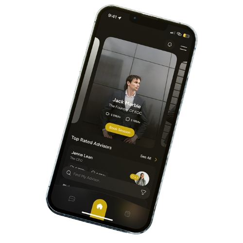 Smartphone screen displaying a biography of an advisor, with a black background, and a yellow 'Book Session' button, showing top-rated advisors..