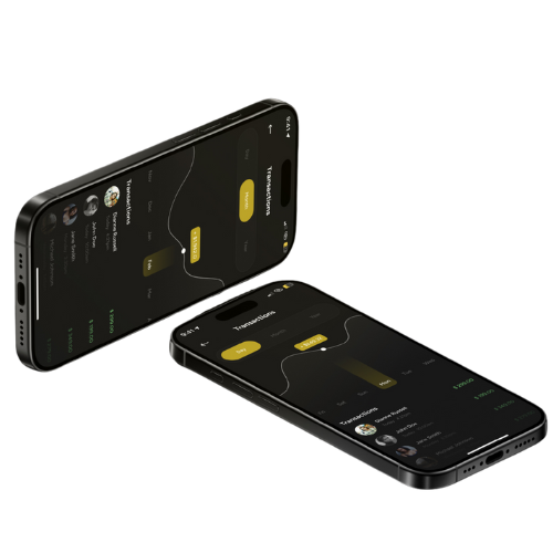 Two black smartphones displaying a dark-themed app interface with yellow and white text and icons, lying surface.