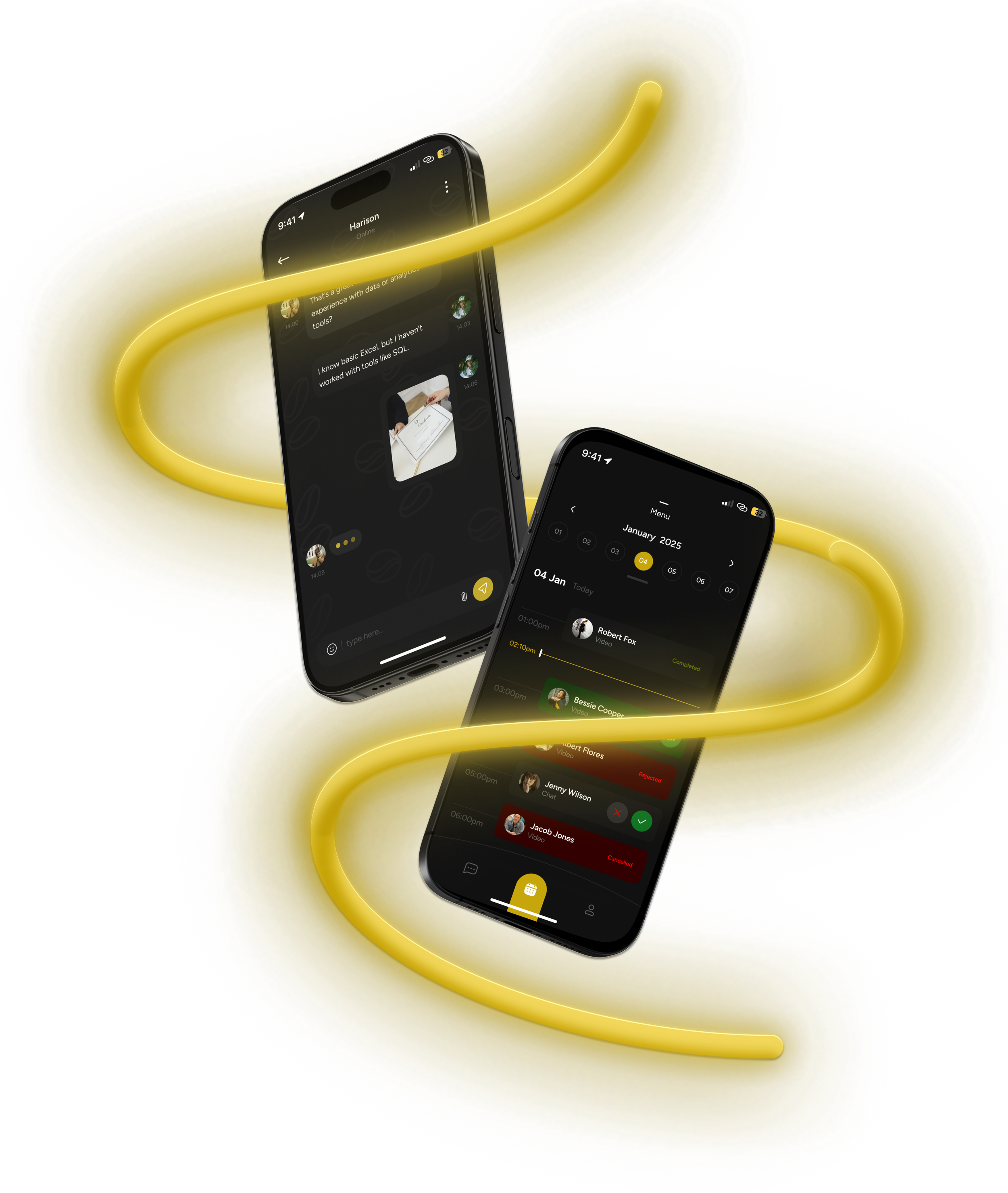 Two smartphones displaying messaging and calendar apps with illuminated yellow light trails surrounding them.
