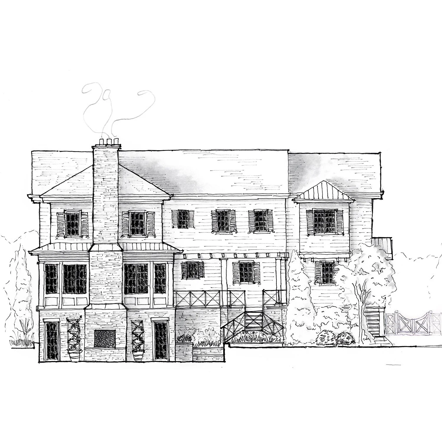 A black and white sketch of a multi-story house with a chimney, multiple windows with shutters, a staircase, and surrounding trees and shrubs.