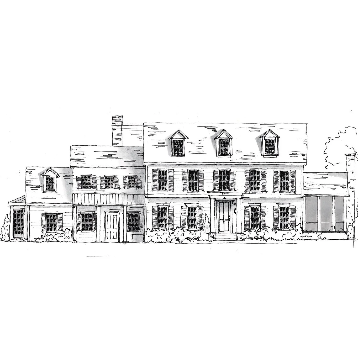 Line drawing of a large, multi-story house with multiple windows and a covered porch. The house has a pitched roof with dormer windows on the upper level, shutters on many windows, and some bushes in front.
