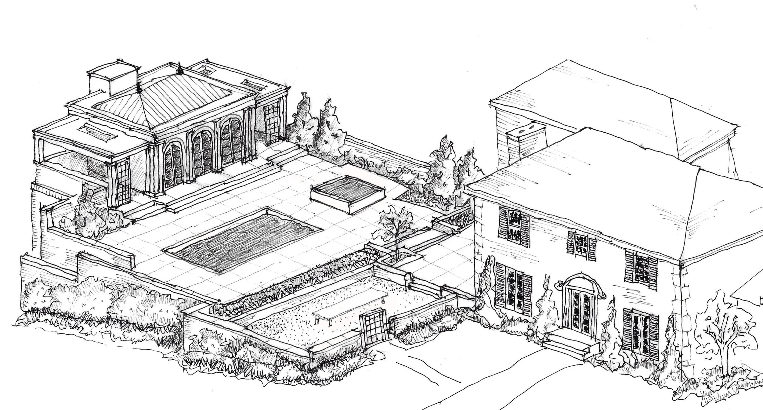 A detailed black and white sketch of an outdoor garden area with adjacent buildings, including a large building with arched windows and a roof, a smaller house with shutters, a courtyard with a water feature, trees, bushes, and paved walkways.