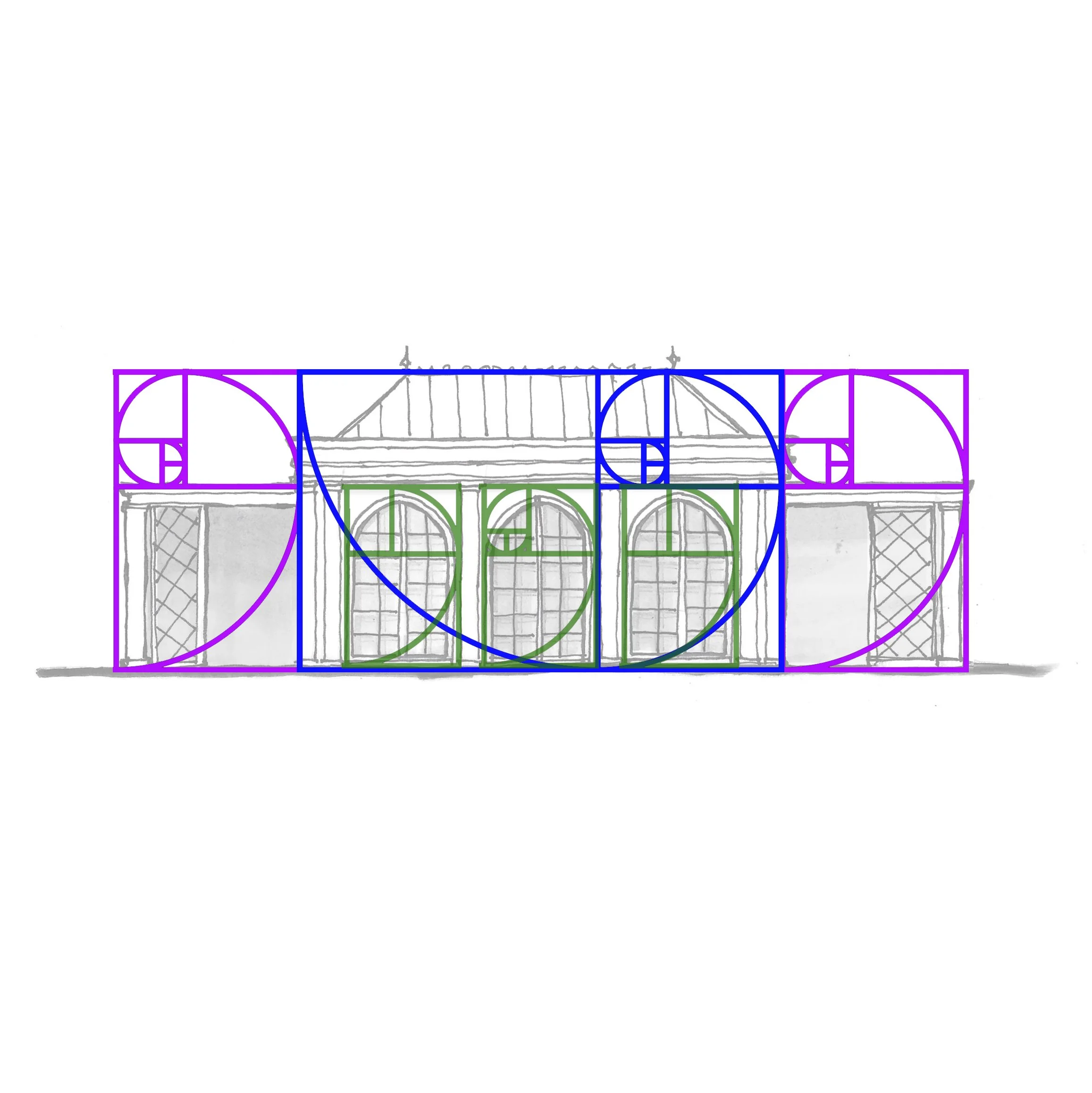 A drawing of a building under construction with the Fibonacci sequence overlayed in colored geometric shapes, including purple, blue, and green sections.