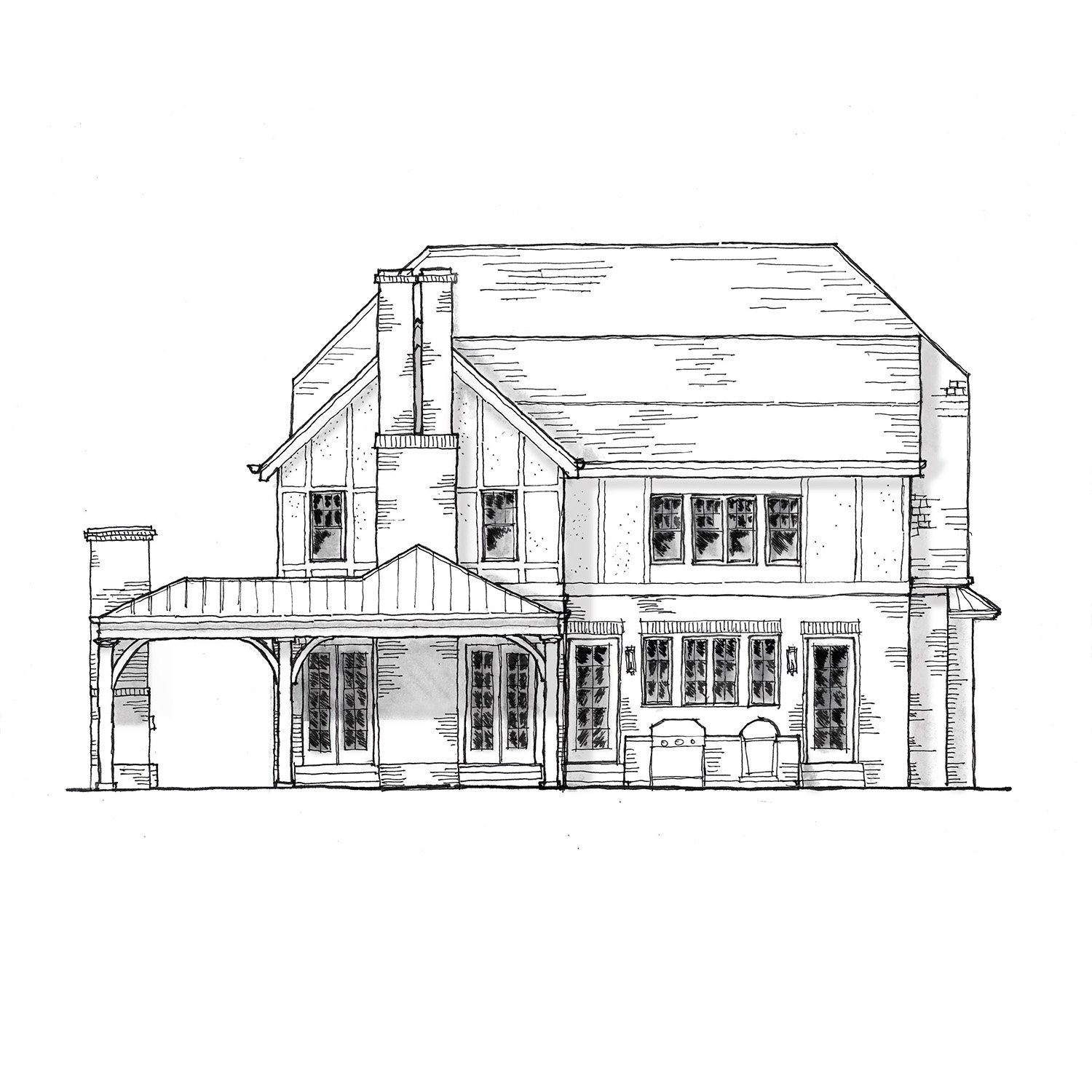A detailed line drawing of a two-story suburban house with multiple windows, a covered porch, and a pitched roof.