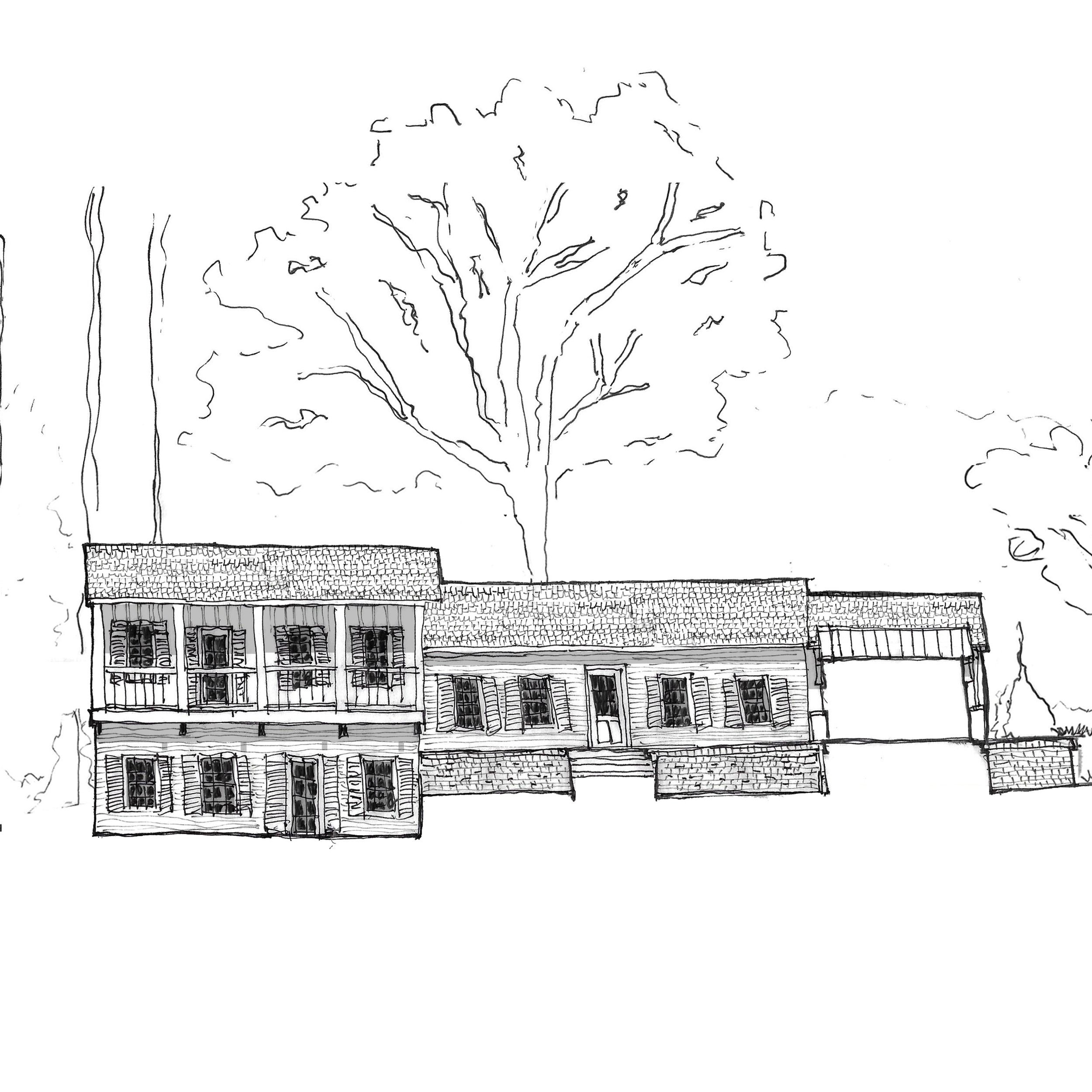 Line drawing of a two-story house with a large tree behind it.