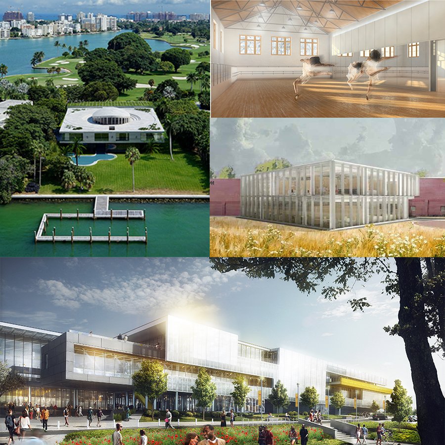 A collage of five images featuring modern architecture, an indoor dance studio with dancers, a waterfront property, and people outside a contemporary building.