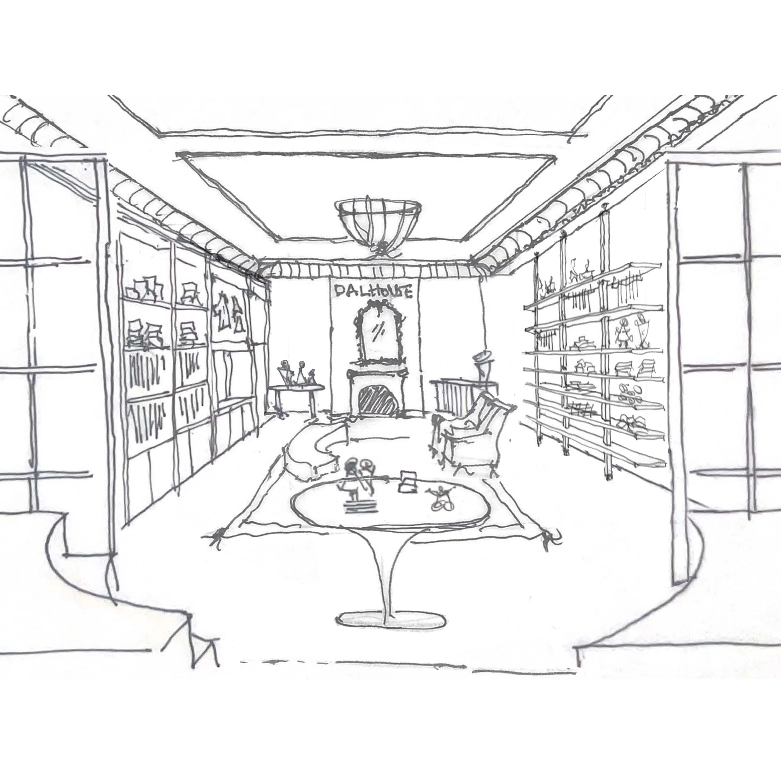 Sketch of a cozy living room with bookshelves on either side, a fireplace with a mirror above it, comfortable chairs, a rug, and a central table.