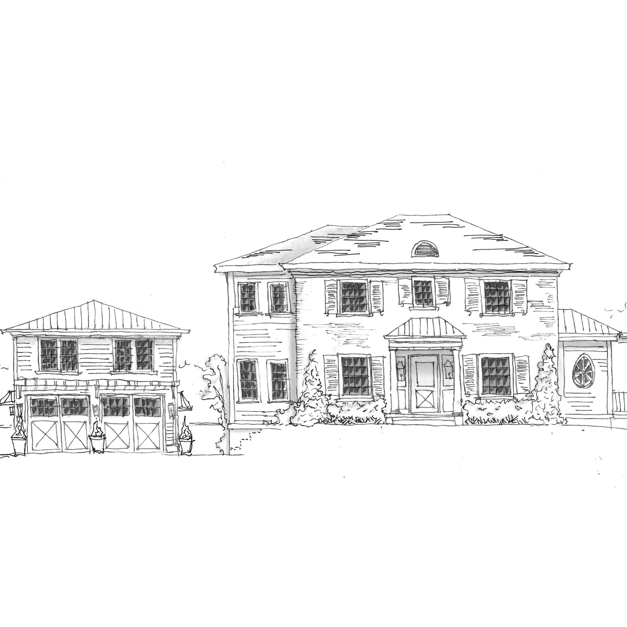 Line drawing of a large two-story house with shuttered windows, a front door, and a smaller detached garage to the left, surrounded by bushes and trees.