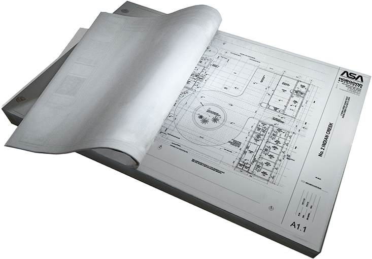 Open blueprint or architectural plan on a large sheet of paper with technical drawings and measurements.