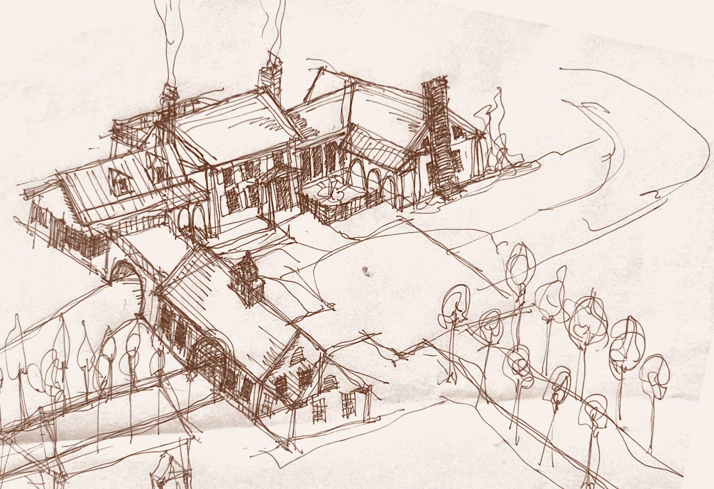 Sketch of a house with multiple sections, chimneys with smoke, surrounding trees, and a yard.