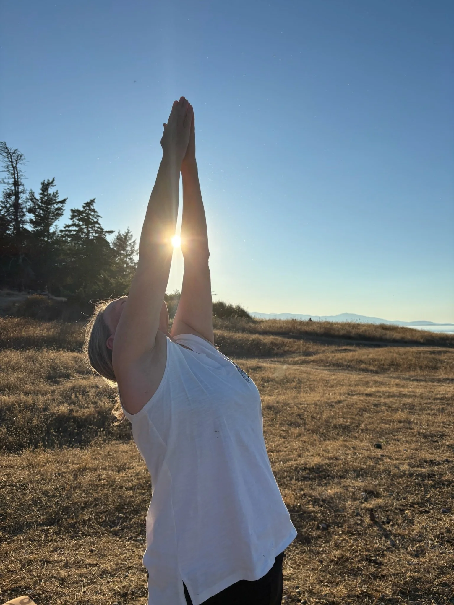 A woman practicing yoga outdoors during sunset, with her arms extended upward and hands pressed together, standing on a grassy field with trees in the background.