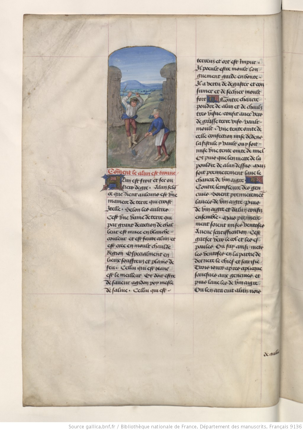 Illuminated manuscript page featuring a colorful miniature illustration of two men working outdoors near stone structures, with a landscape view in the background, surrounded by handwritten French text.