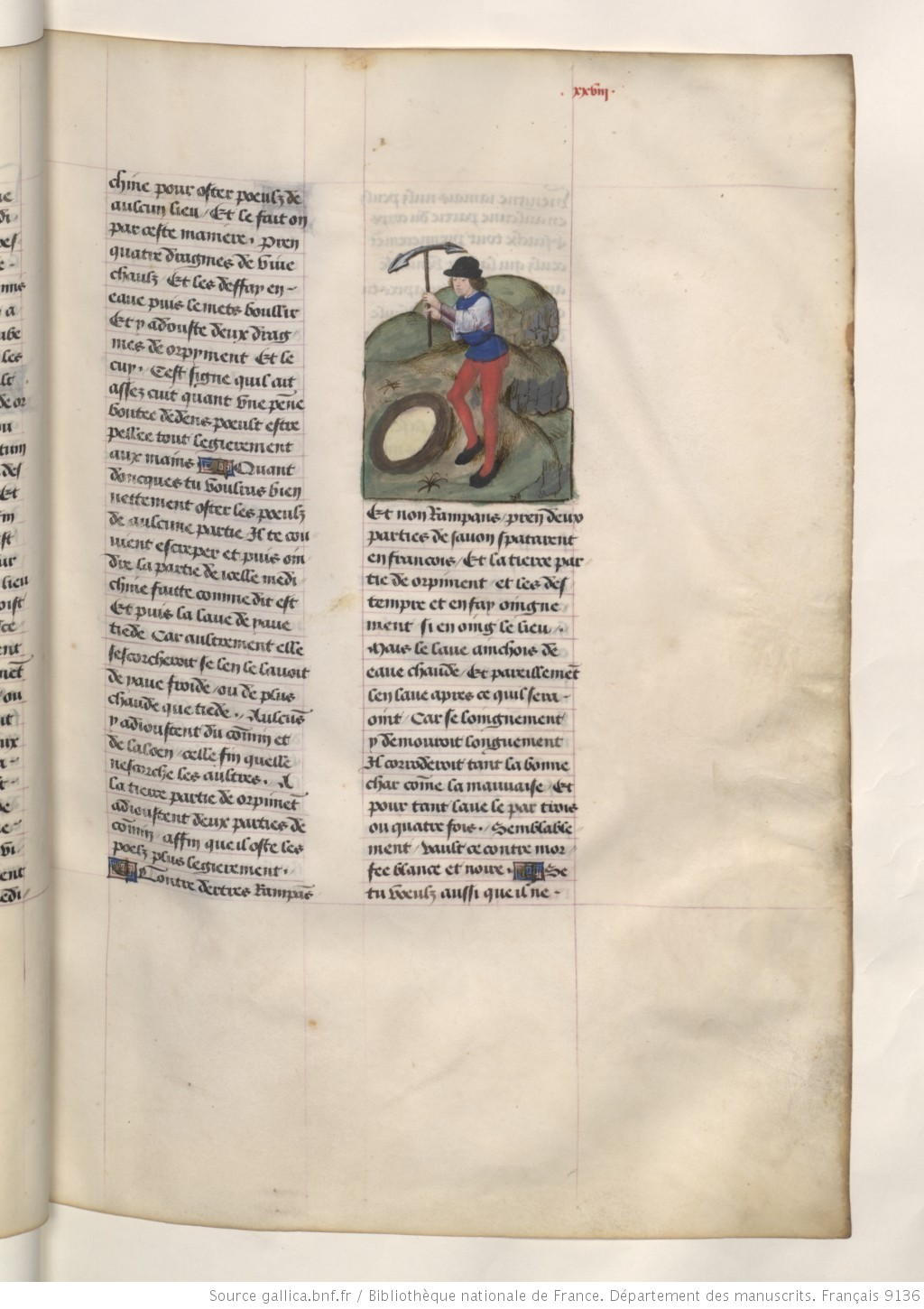 A medieval manuscript page with handwritten text in two columns, featuring an illustration of a person wearing a dark hat, blue vest, and red pants, standing on rocks and holding an umbrella.