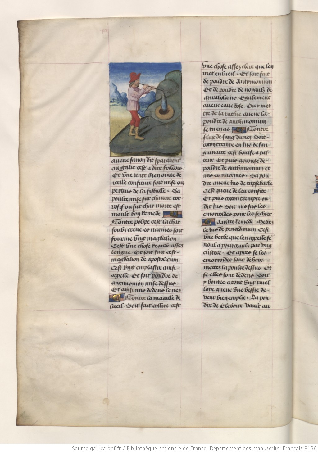 Medieval manuscript page with an illustration of a man in red hat and medieval clothing using a hammer on a large rock, with handwritten French text surrounding the image.