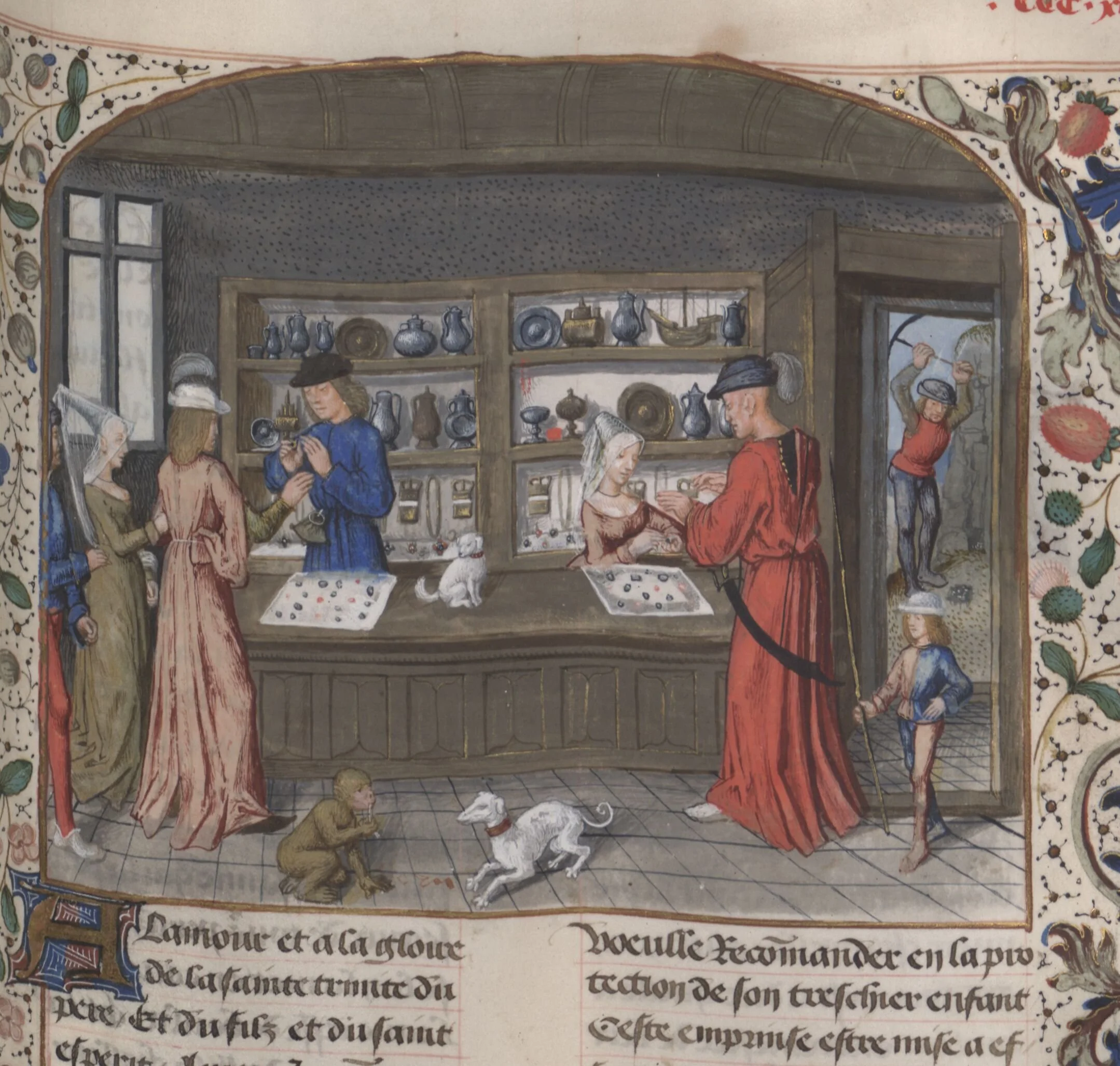 A detailed medieval-style illustration of a jewelry shop with people inspecting and displaying jewelry and gemstones, with children and dogs nearby.