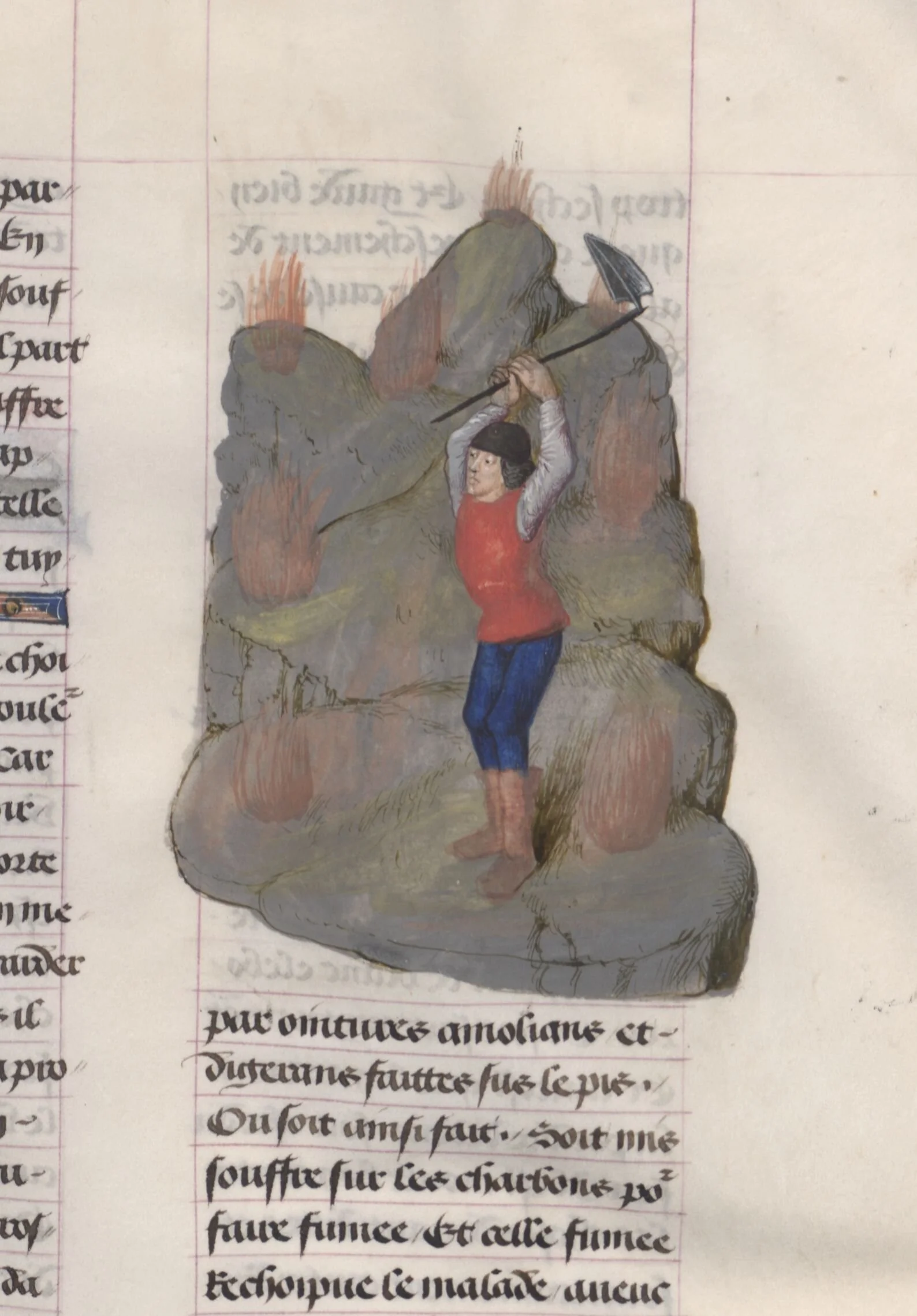 Old manuscript illustration of a man fighting a large rock with a spear.