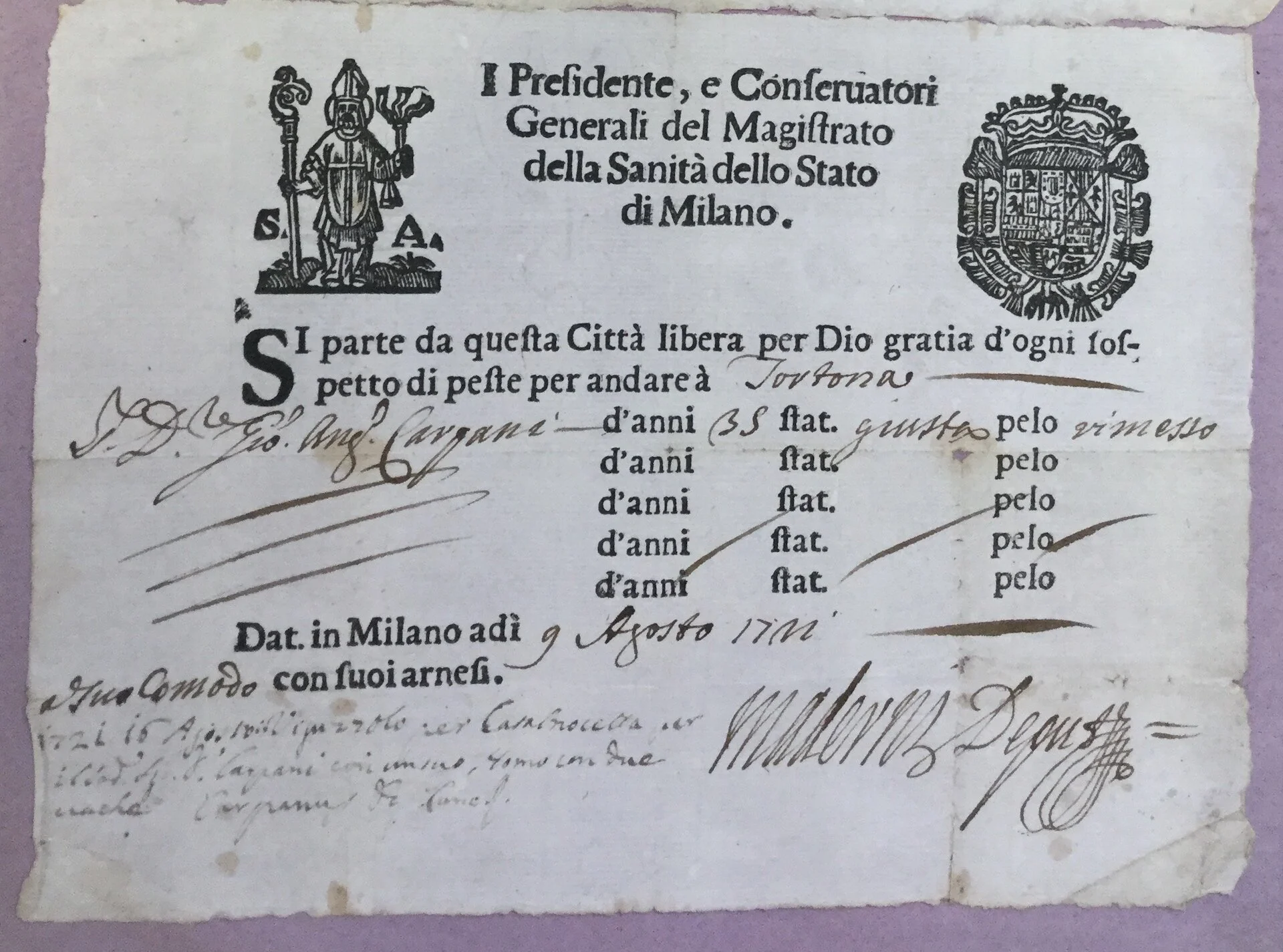 A health passport issued by the City of Milan’s Public Health Office (Sanità) in the early eighteenth century. Archivio di Stato di Alessandria, Comune, III, 2181. Photo by the author.