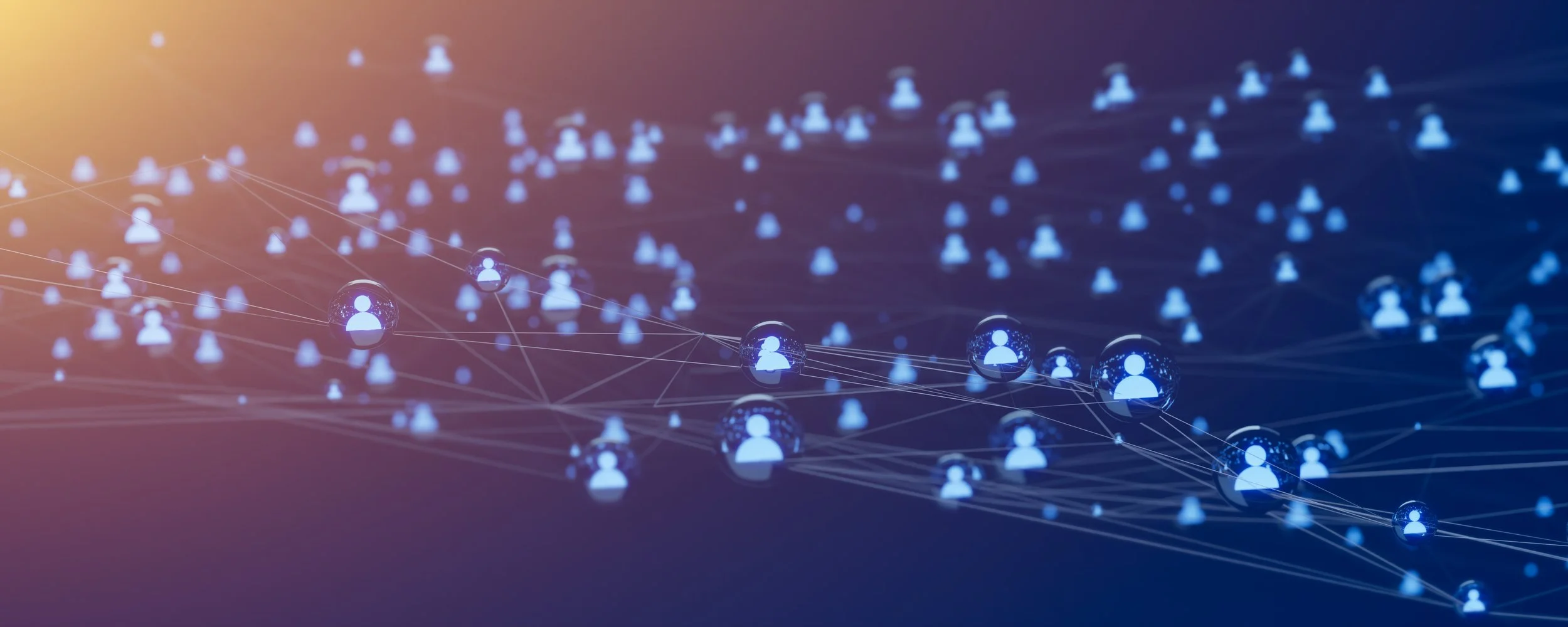 Digital illustration of interconnected human icons representing a social network or online connections, with a gradient background.