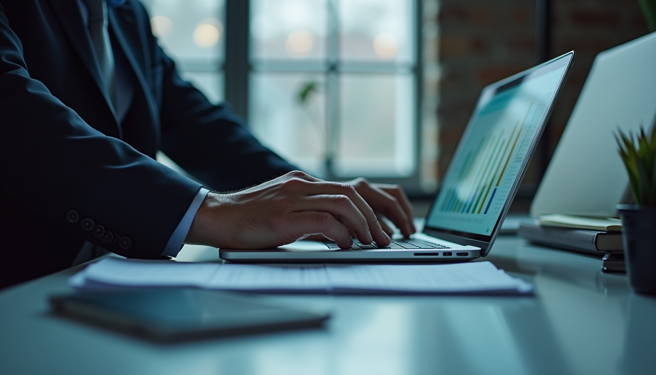 A person in a business suit working on a laptop with graphs on the screen, sitting at a desk with papers and a plant.