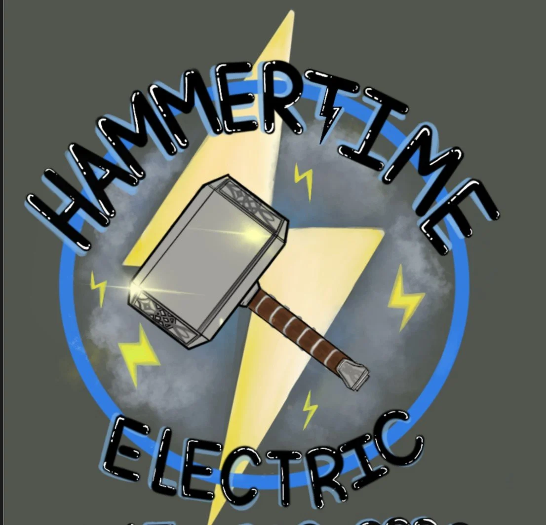 Graphic of a hammer with lightning bolts and the words 'Hammer Time Electric' surrounding a yellow lightning bolt.