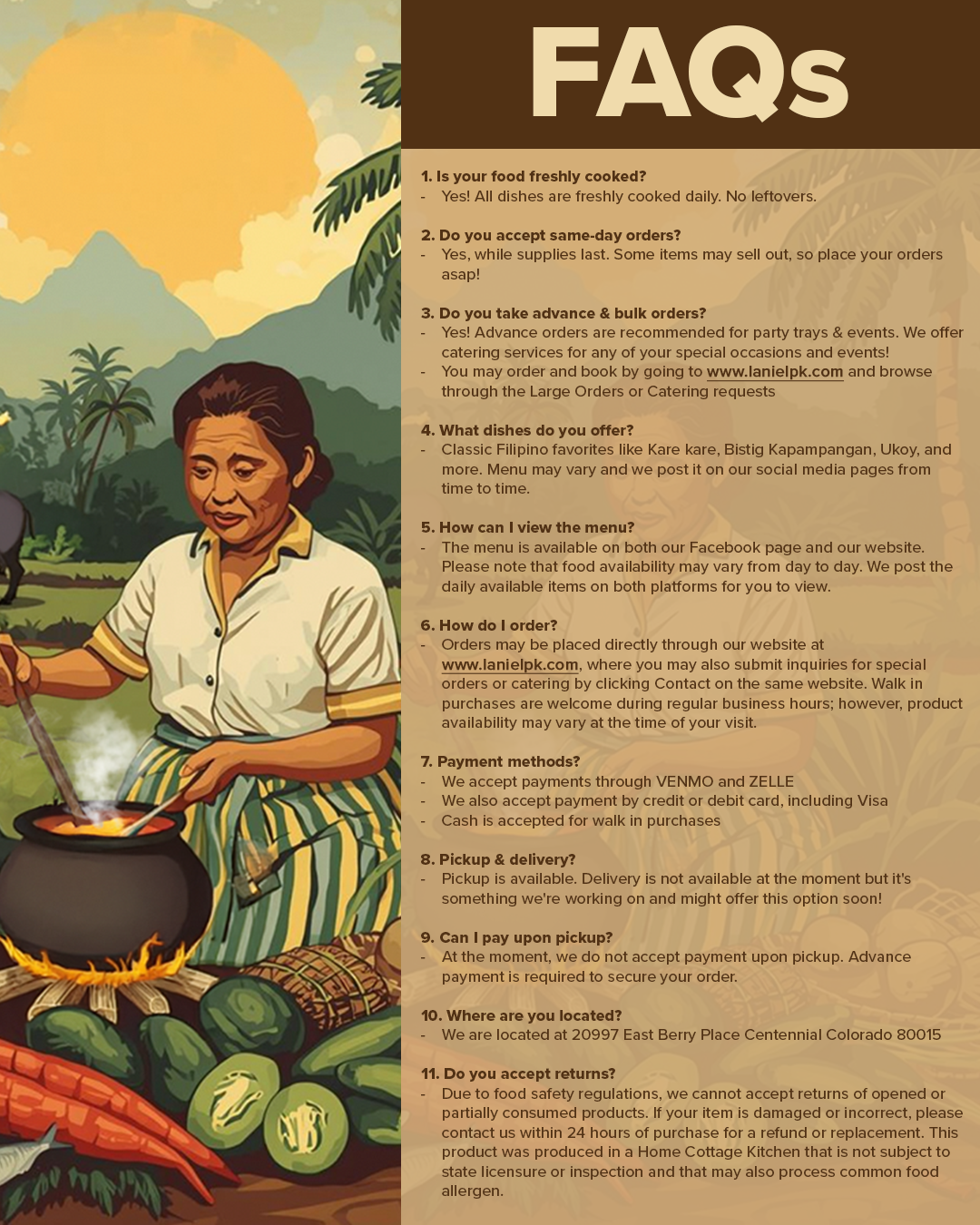 Illustration of an FAQ page for a Filipino food business, featuring a woman cooking outdoors with a scenic mountain and jungle background, and a list of frequently asked questions and answers about the food and ordering process.