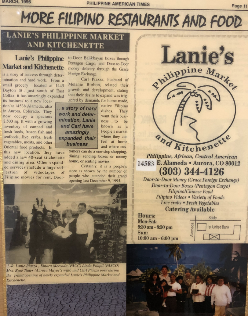 A newspaper page titled "More Filipino Restaurants and Food" featuring an article about Lanie's Philippine Market and Kitchenette, with images of people at the grand opening, a logo of a palm tree on a circle, and a group photo of people at a seaside location at sunset.