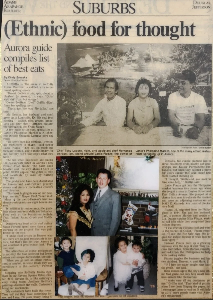 A newspaper article titled 'Suburbs (Ethnic) food for thought' featuring a guide to ethnic cuisine in Aurora, Colorado. The article includes photos of chefs Tony Lucero and Hernando Borbon at Lanie's Philippine Market, and images of a couple and children in front of a Christmas tree.
