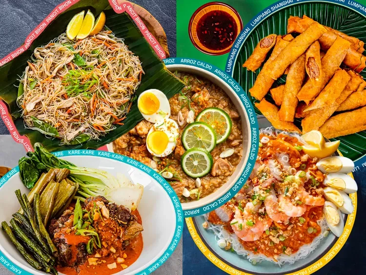 A colorful assortment of Filipino dishes, including pancit noodles, fried spring rolls, grilled meat with vegetables, beef stew with vegetables, and a spicy fish dish with lime slices, served on decorative plates and bowls.
