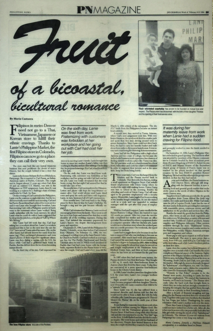 A black-and-white newspaper page titled 'PN Magazine' with the large headline reading 'Fruit of a bicoastal, bicultural romance.' It features a photo of a man, a woman, and a child with the caption about their whirlwind courtship.
