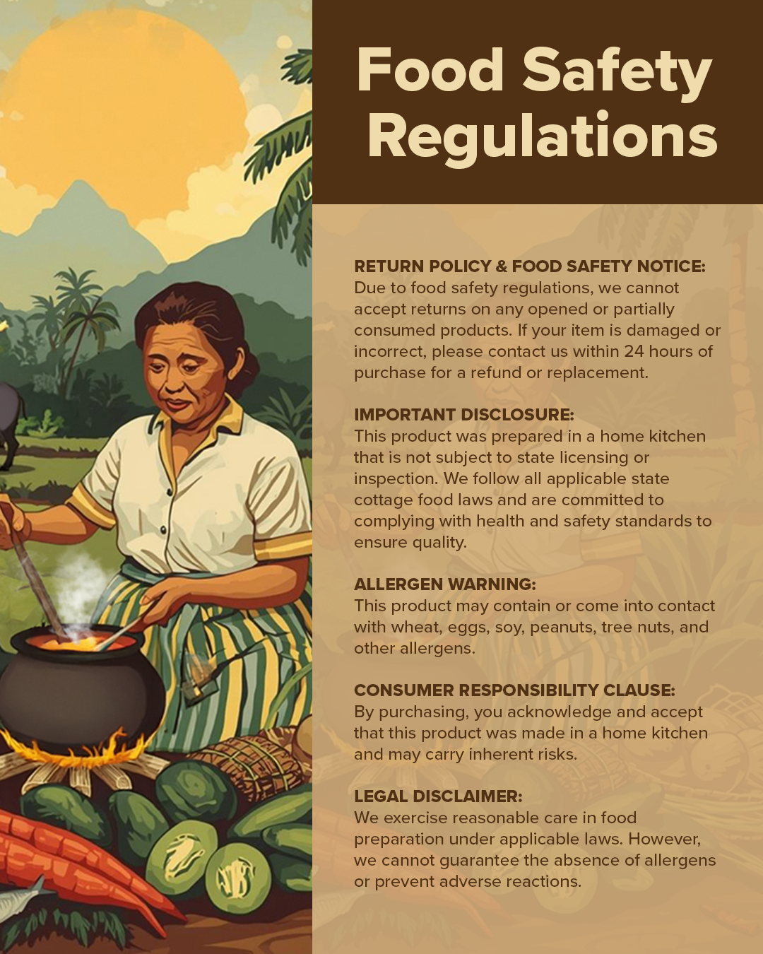 Illustration of a woman cooking over a fire with vegetables and tropical scenery, alongside a text panel titled 'Food Safety Regulations' detailing policies and notices.