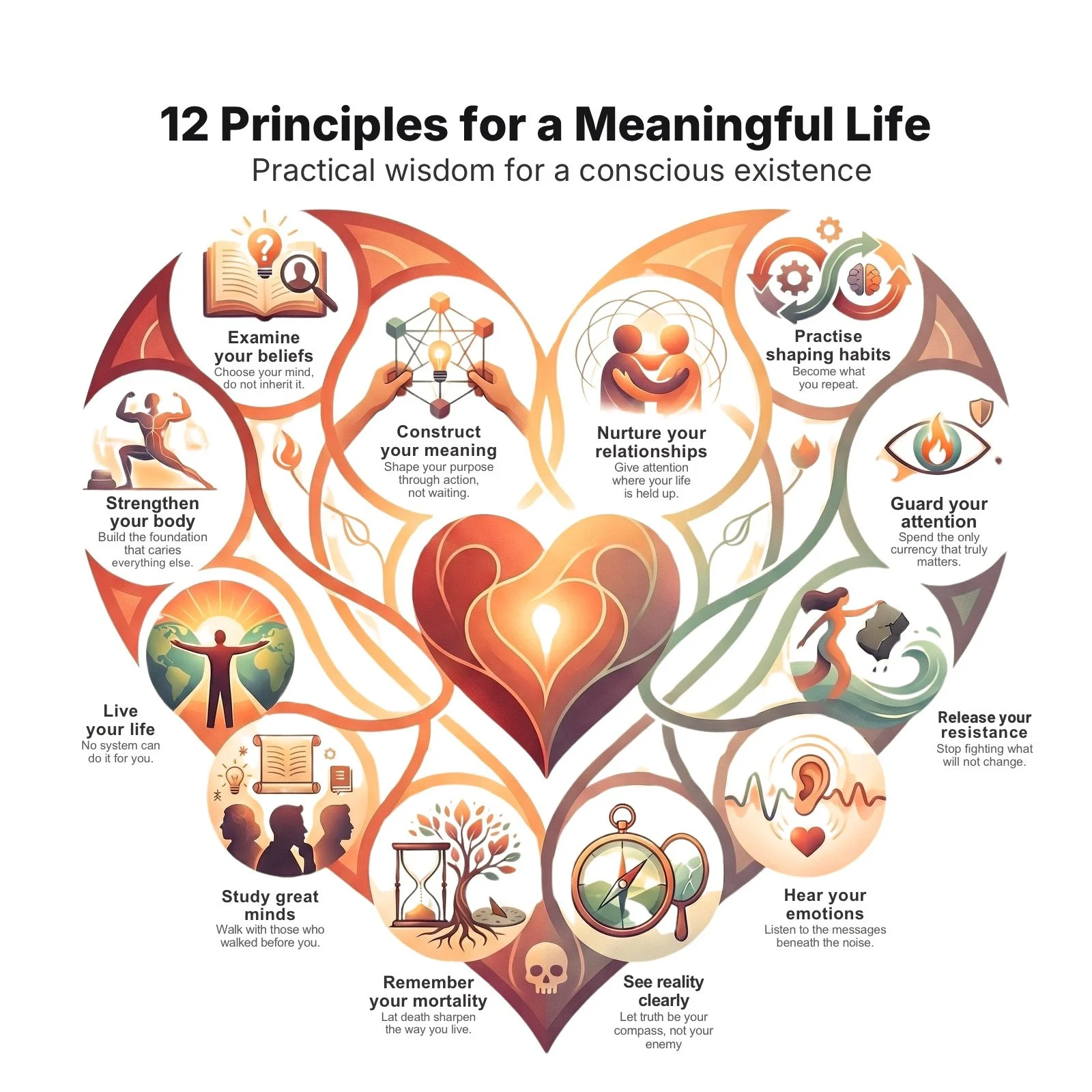 Infographic titled '12 Principles for a Meaningful Life' with illustrations and text about self-awareness, relationships, mindfulness, and personal growth.