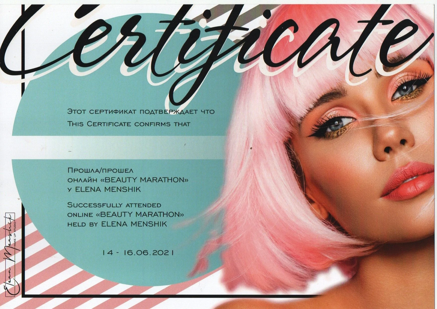 Elena Menshik sertifikatas, plaukų stilizavimas, HairWow studija