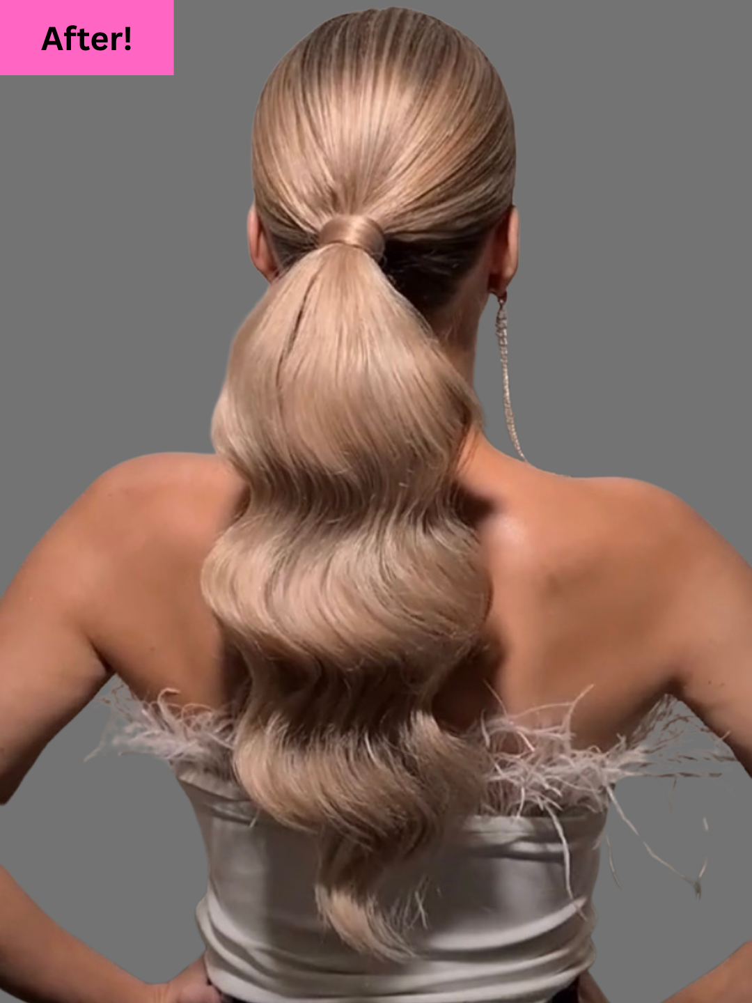 Back view of a woman with long, wavy, blonde hair styled in a ponytail, against a gray background, with a pink label in the top left corner saying "After!".