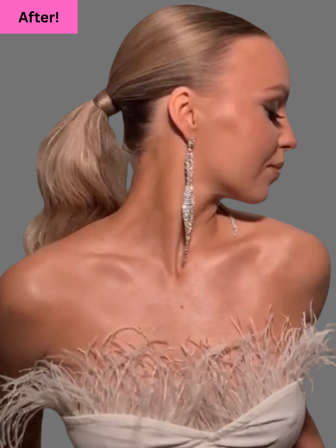 Image of a woman with blonde hair in a ponytail, wearing a strapless dress with feathered trim and long, dangling earrings, against a gray background, with a pink label in the top left corner that says 'After!'.