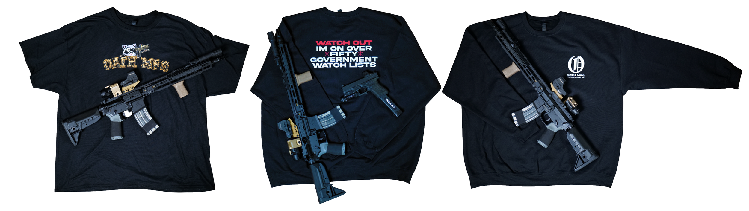 Three black T-shirts with firearms and logos laid flat against a white background.