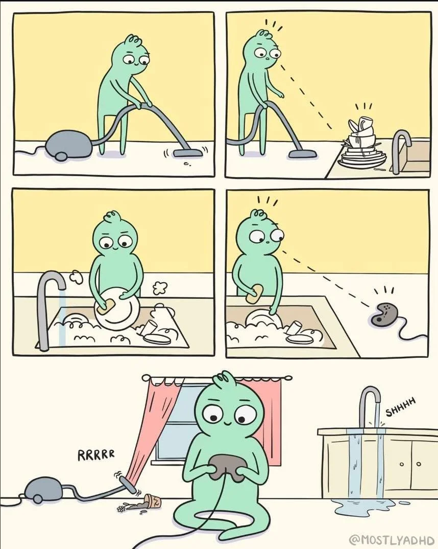 When your brain jumps tasks faster than your body can keep up!

If this feels a little too familiar, you are not alone. ADHD often shows up in everyday moments like starting one thing, getting pulled into another, and then forgetting what you were do