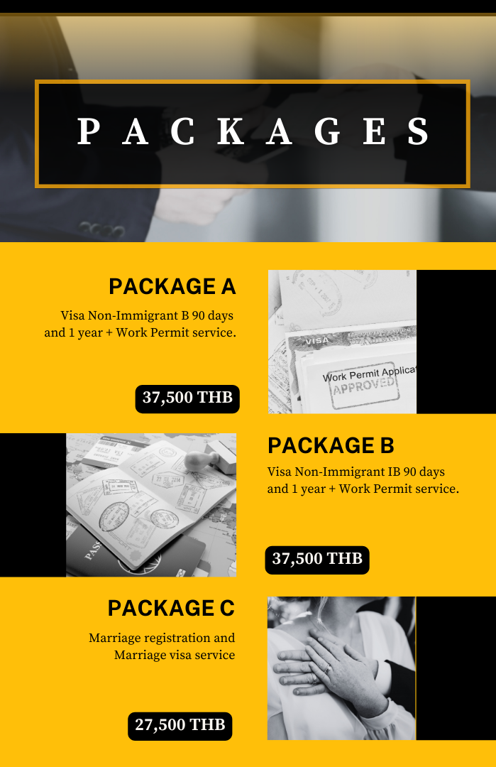 A promotional flyer for visa and marriage services, showing three packages with prices in Thai baht. Package A and B offer visa services for non-immigrants with work permit options at 37,500 THB each. Package C offers marriage registration and marriage visa services at 27,500 THB.