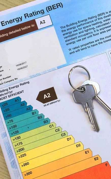 A building energy rating certificate with a key placed on it. The certificate shows an energy efficiency rating of A2 and a color-coded chart with ratings from A1 to F, with A2 highlighted.
