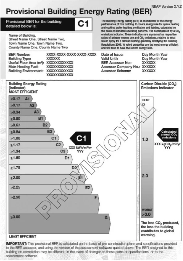 Preliminary energy performance rating document for a building, showing a barcode, building details, and a color-coded energy efficiency scale from most efficient (A1) to least efficient (G), with the building rated as C1.