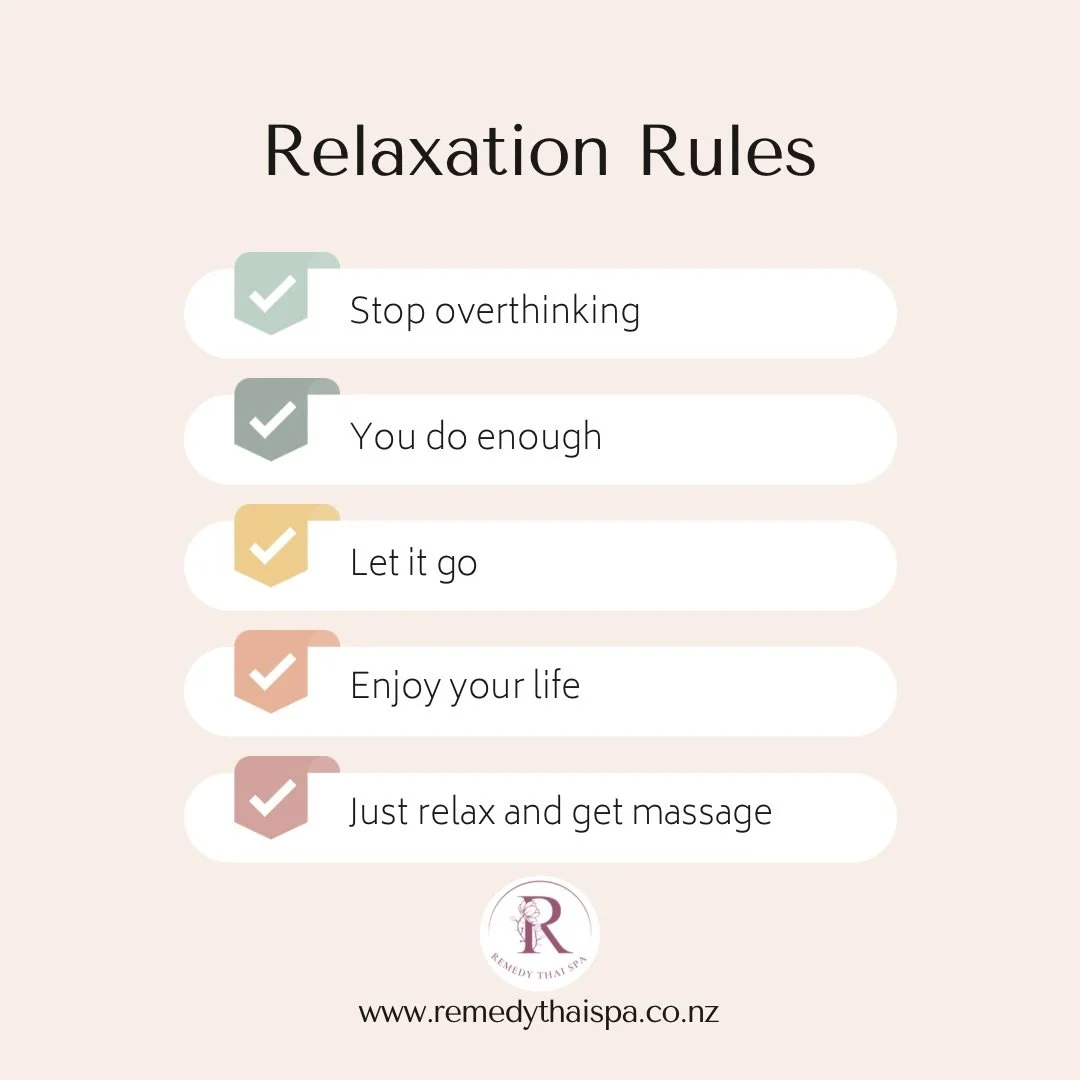 Relaxation Rules ✨

&bull; Stop overthinking
&bull; Let it go
&bull; Enjoy your life

And the most important rule&hellip;
Just get a massage 💆&zwj;♀️ www.remedythaispa.co.nz 

#RemedyThaiSpa #RelaxTime #ThaiMassage #SelfCare #AucklandMassage