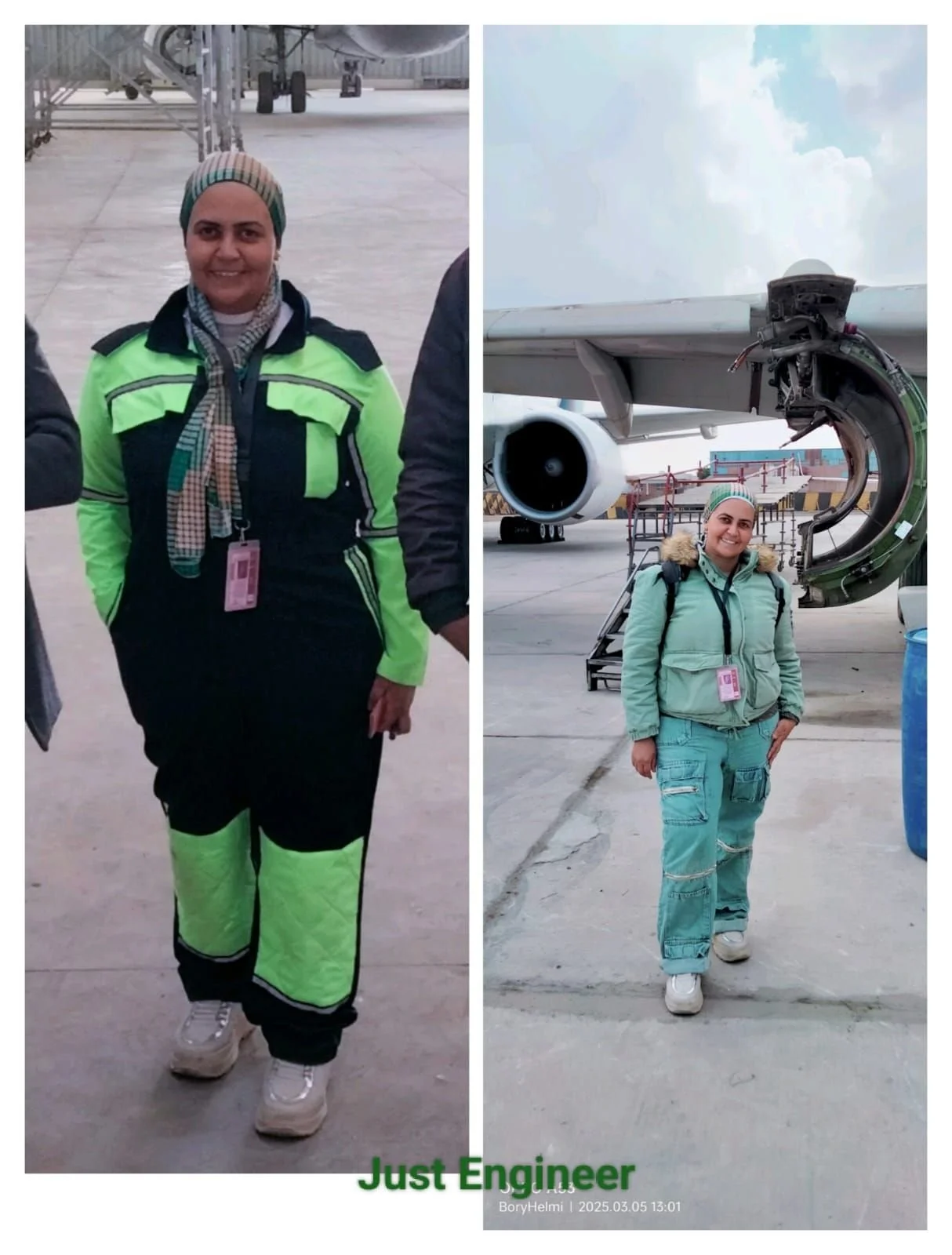 Side-by-side photos of a woman at an airport, standing in front of an airplane. In the left photo, she wears a bright green and black safety uniform with a striped hat, smiling. In the right photo, she is dressed casually in a green jacket, blue jeans, and sneakers, standing near the plane's engine, smiling. The caption reads 'Just Engineer' with a timestamp.