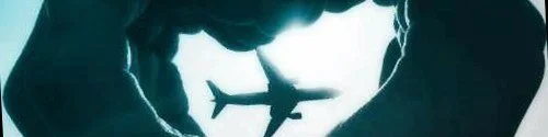 A silhouette of a person forming a heart shape with their hands, framing a plane flying in the sky.