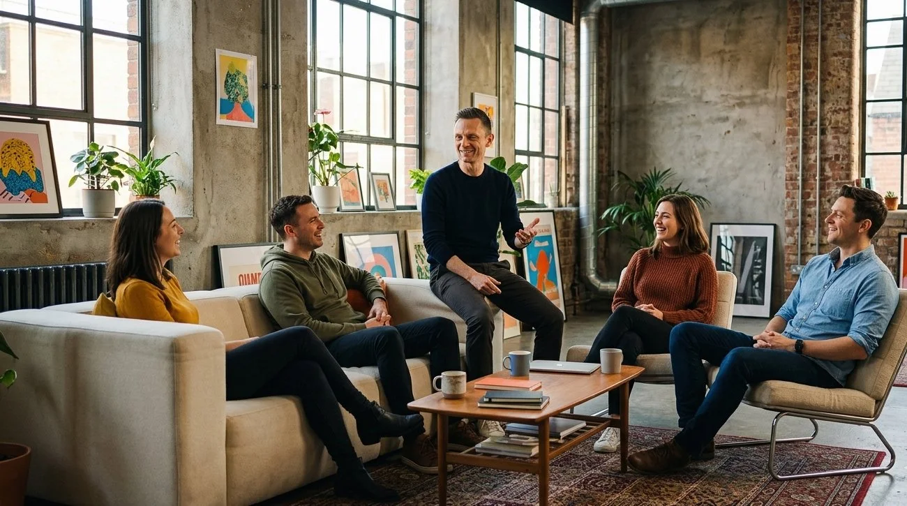 Five people in a modern loft-style office are engaged in a meeting, with a man speaking and four others listening and smiling.